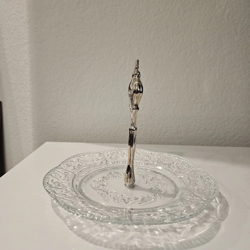 Vintage Crystal Center Piece With Silver Plated Handle Kingston Decor Plate Dish